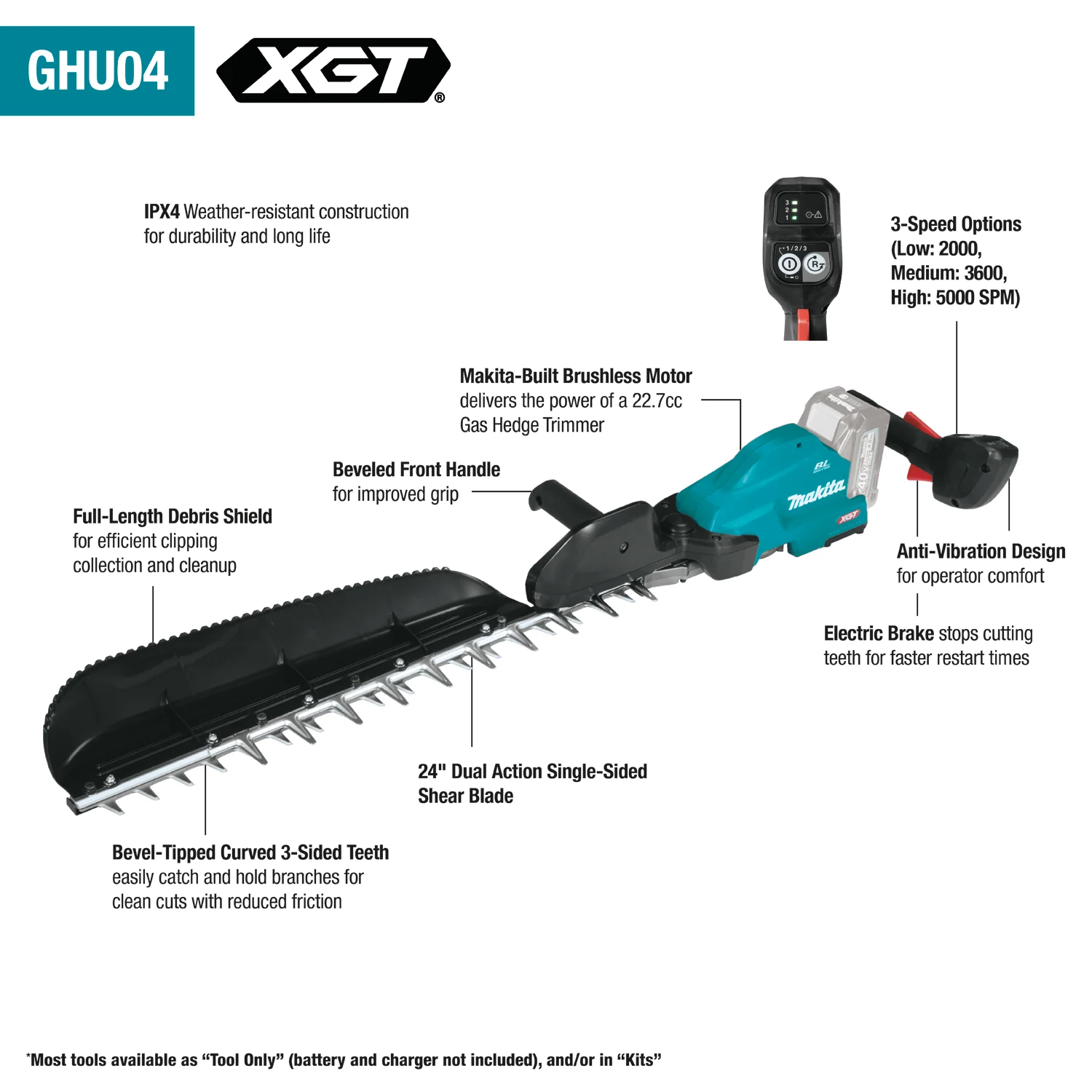 Makita GHU04M1 40V max XGT Brushless Cordless 24" Single Sided Hedge Trimmer Kit (4.0Ah) - Image 3