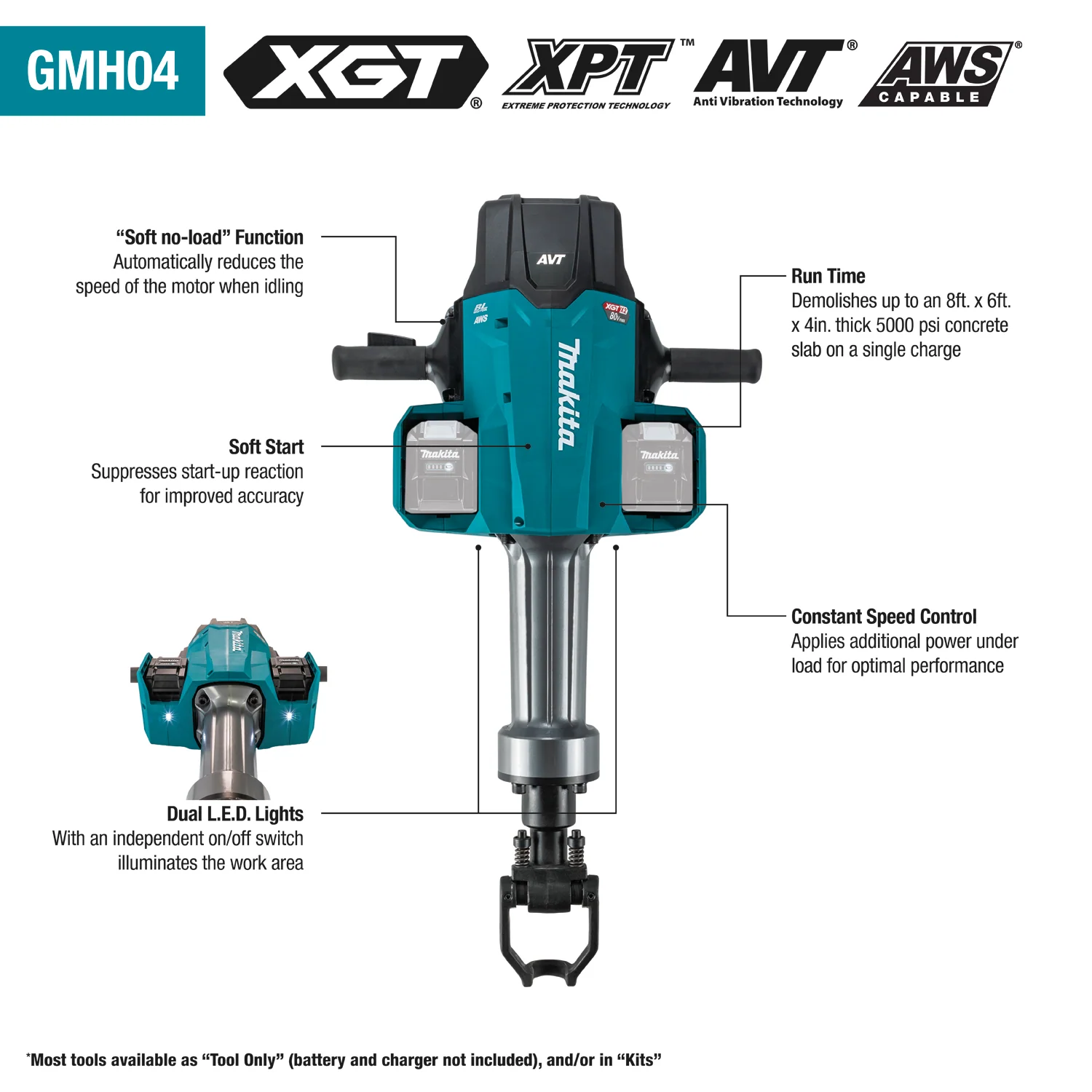 Makita GMH04PLX 80V max (40V max X2) XGT Brushless 70 lb. 1‑1/8" Hex AVT Breaker Hammer Kit, AWS Capable (8.0Ah) & FREE Makita GRH07M1 - Image 3