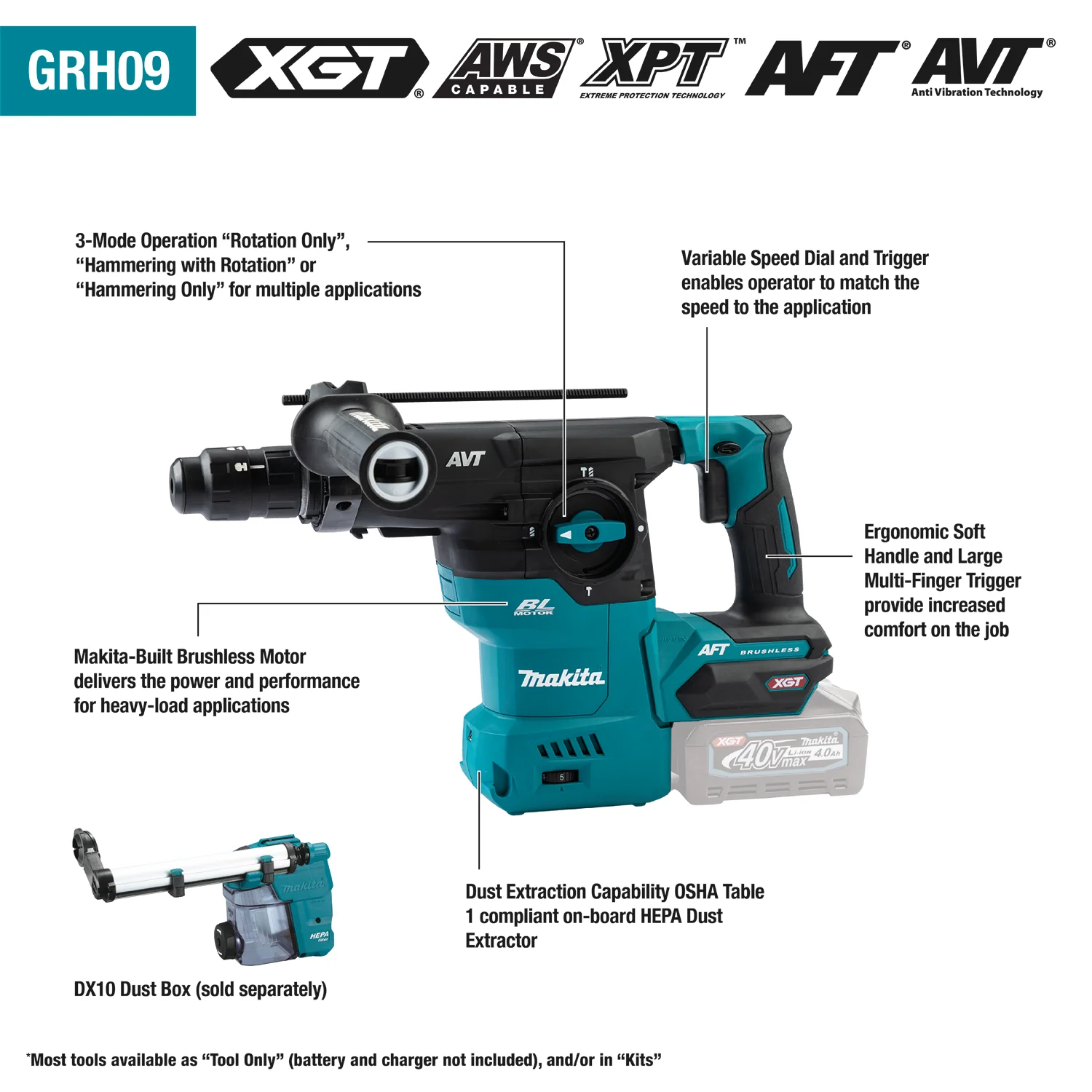 Makita GRH09M1 40V max XGT Brushless Cordless 1‑3/16" SDS‑PLUS AVT Rotary Hammer Kit, with Interchangeable Chuck, AWS Capable (4.0Ah) & FREE Makita GRH07ZW - Image 3