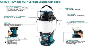 Makita GRM04 40V max XGT Cordless Lantern with Radio, Tool Only - Image 2