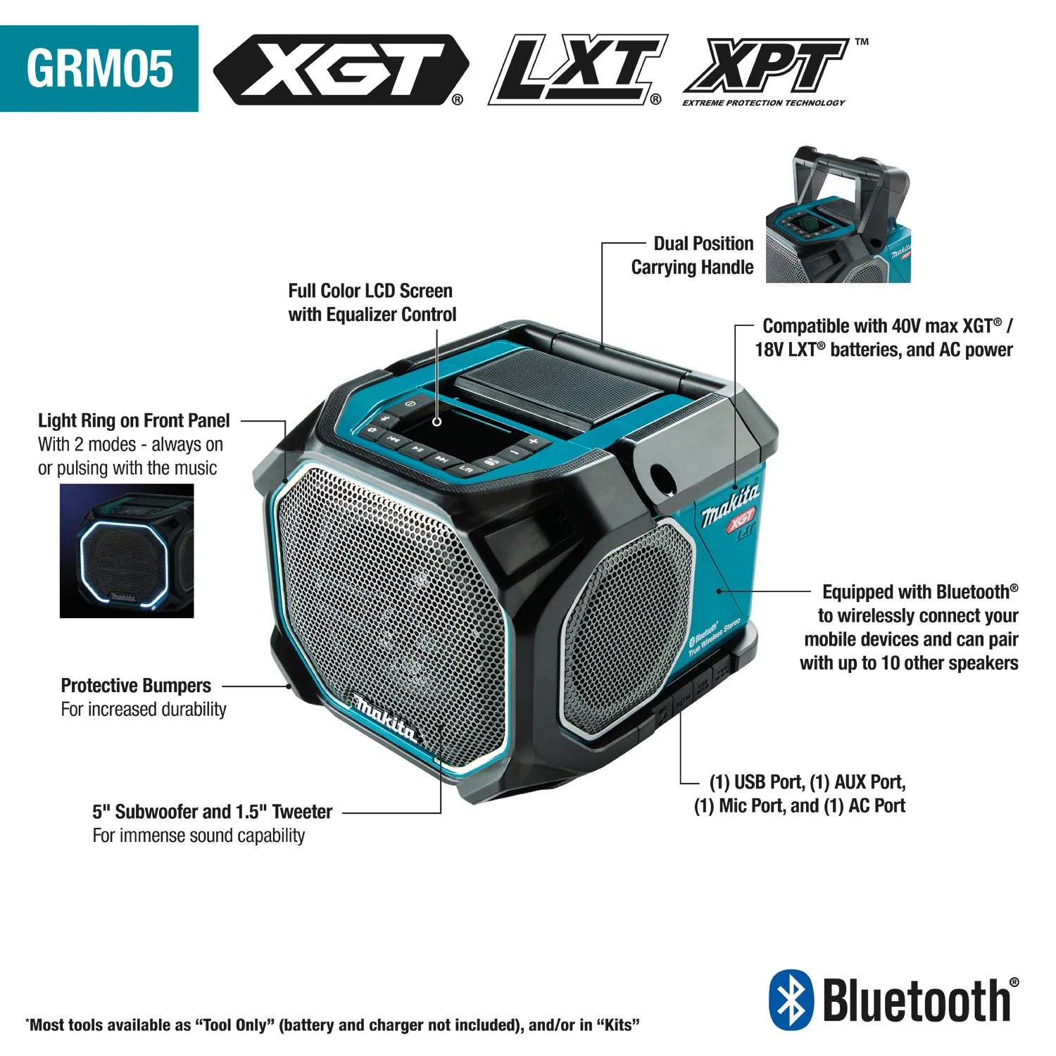 Makita GRM05 40V max XGT / 18V LXT Lithium‑Ion Cordless/Corded Bluetooth Job Site Speaker, Tool Only - Image 2