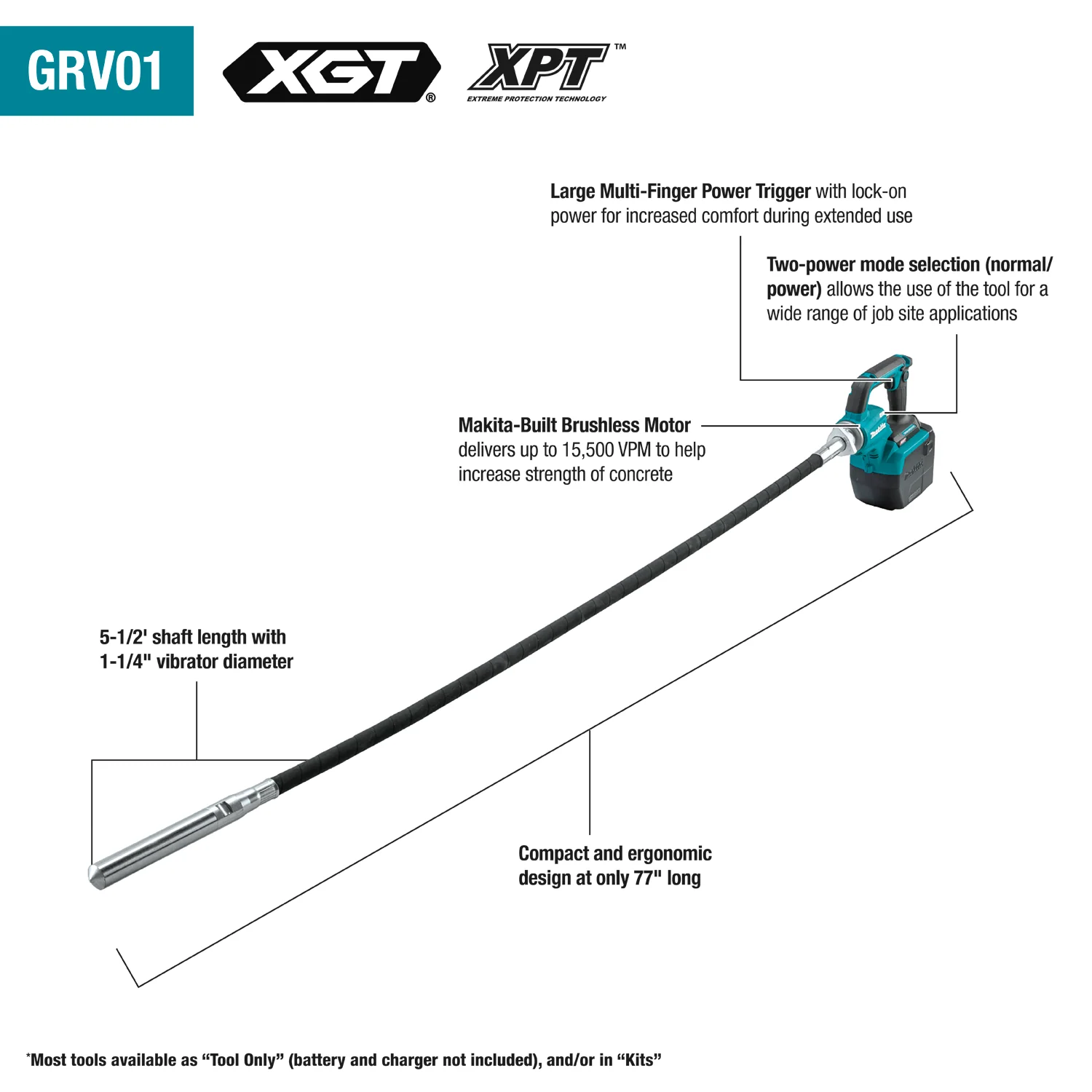 Makita GRV01M1 40V Max XGT Brushless Cordless 5‑1/2' Concrete Vibrator Kit (4.0 Ah) - Image 3