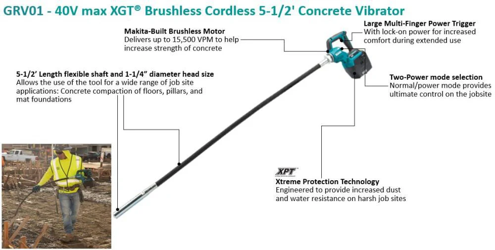 Makita GRV01Z 40V max XGT 5 1/2 ft Concrete Vibrator (Bare Tool) - Image 2