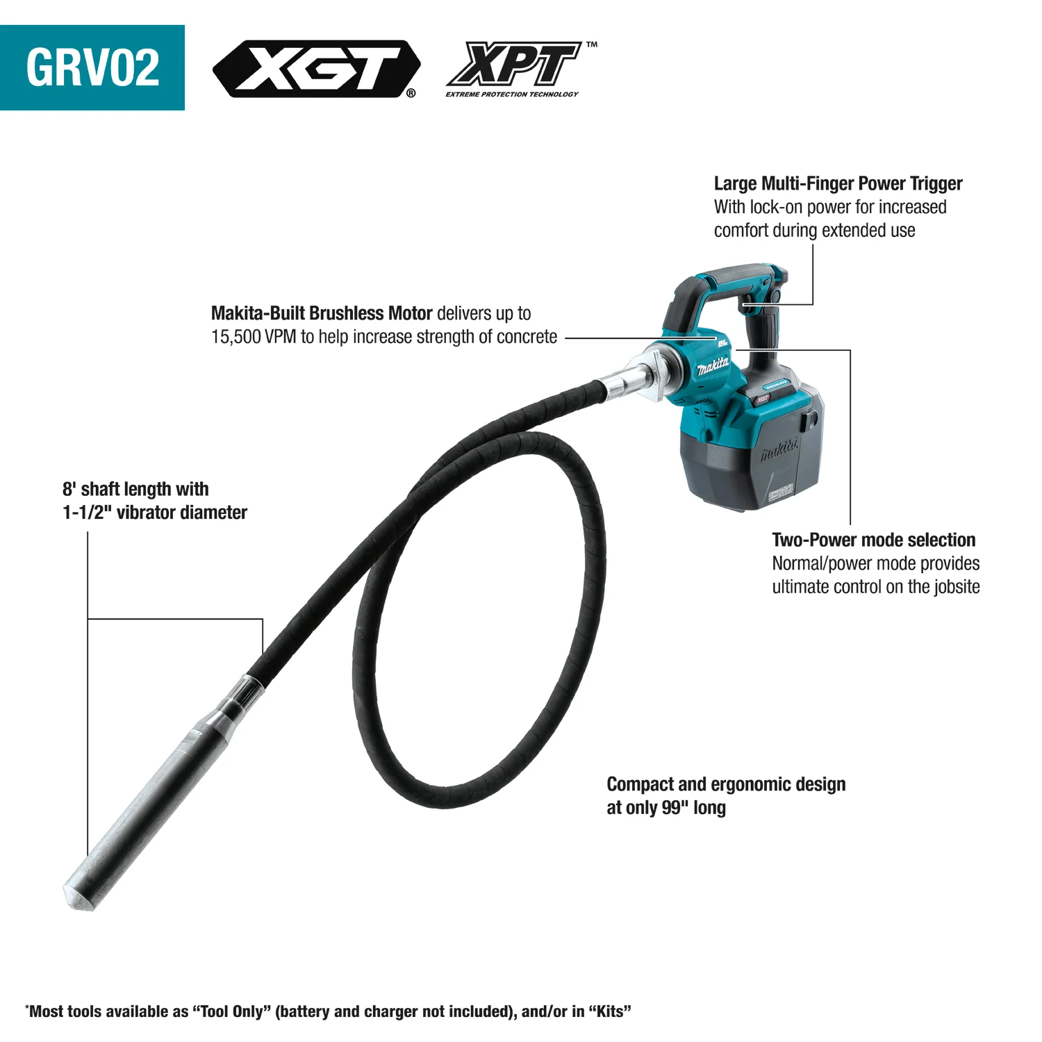 Makita GRV02Z 40V max XGT Brushless Cordless 8' Concrete Vibrator, Tool Only - Image 2