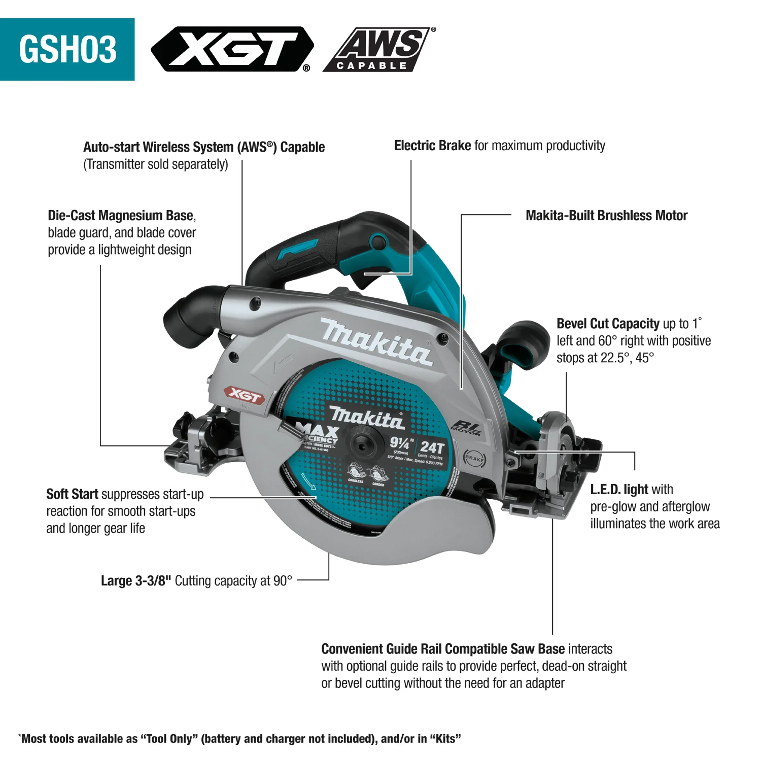 Makita GSH03Z 40V Max XGT 9‑1/4" Circular Saw with Guide Rail Compatible Base (Bare Tool) - Image 2