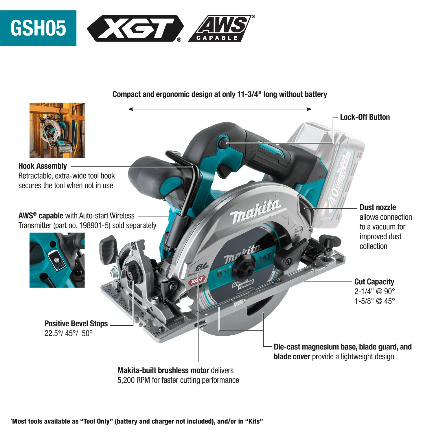 Makita GSH05M1 40V MAX XGT Brushless Cordless 6‑1/2" Circular Saw Kit, AWS Capable (4.0Ah) - Image 3