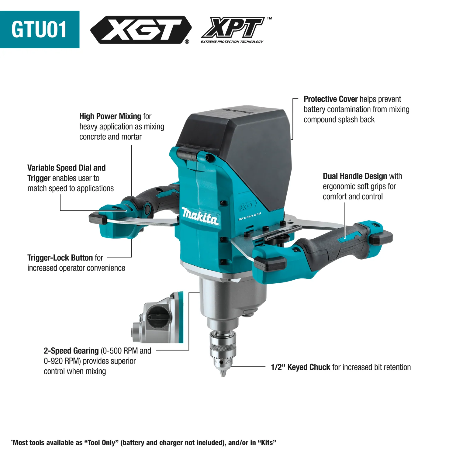 Makita GTU01Z 40V max XGT Brushless Cordless 1/2" Mixer (Bare Tool) - Image 2
