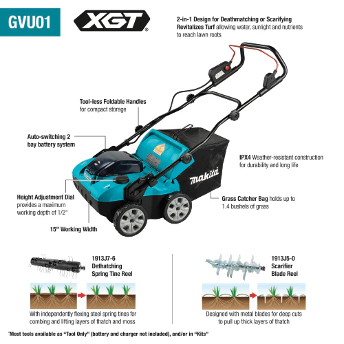 Makita GVU01SM 40V max XGT Brushless Cordless 15" Dethatcher / Scarifier Kit (4.0Ah) - Image 2