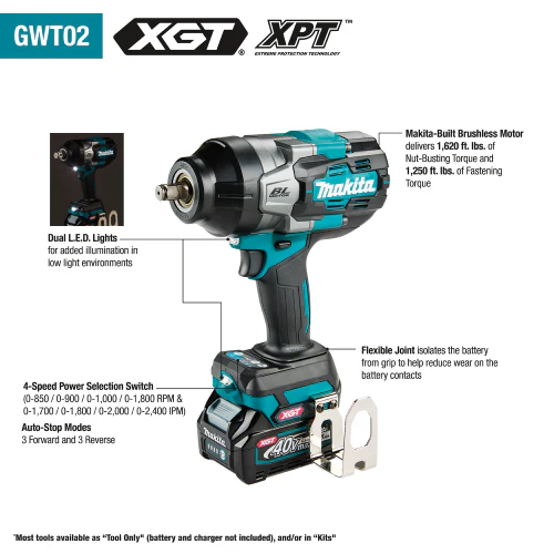 Makita (GWT02Z) 40V max XGT Brushless Cordless 4‑Speed High‑Torque 1/2" Sq. Drive Impact Wrench w/ Friction Ring Anvil, Tool Only - Image 2