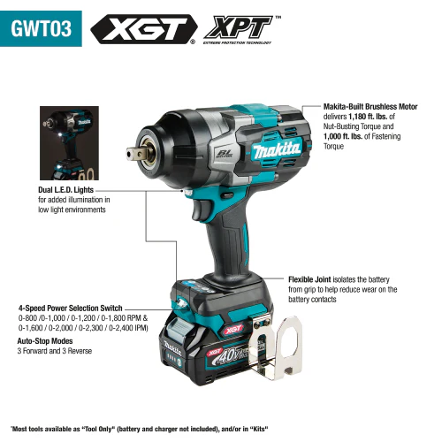 Makita GWT03D 40V max XGT Brushless Cordless 4‑Speed High‑Torque 1/2" Sq. Drive Impact Wrench Kit w/ Detent Anvil (2.5Ah) - Image 4