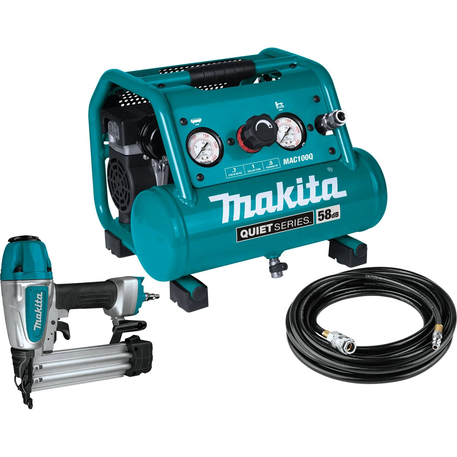 Makita Quiet Series 1/2 HP, 1 Gallon Compact, Oil-Free, Electric Air Compressor, and 18 Gauge Brad Nailer Combo Kit