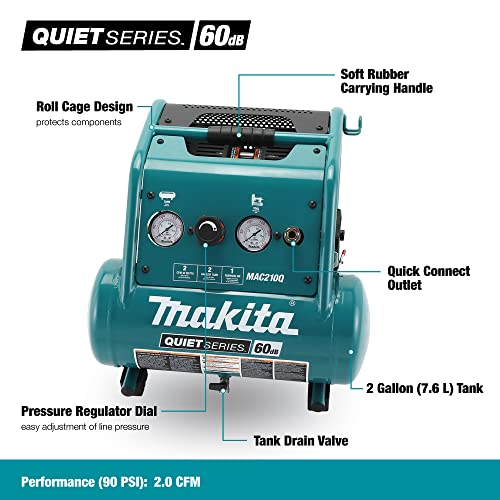 Makita Quiet Series, 1 HP, 2 Gallon, Oil-Free, Electric Air Compressor - Image 2