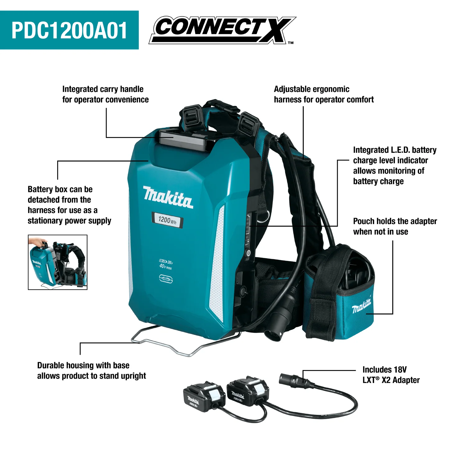 Makita (PDC1200A01) 40V Max ConnectX 1,200Wh Portable Backpack Power Supply - Image 4