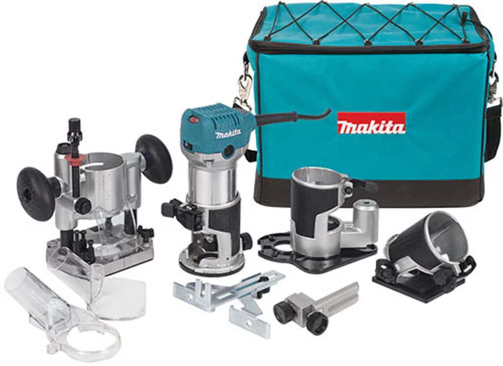 Makita 1-1/4 HP Compact Router Kit, Fixed, Plunge, Tilt and Offset bases, 10,000-30,000 RPM, var. spd., bag