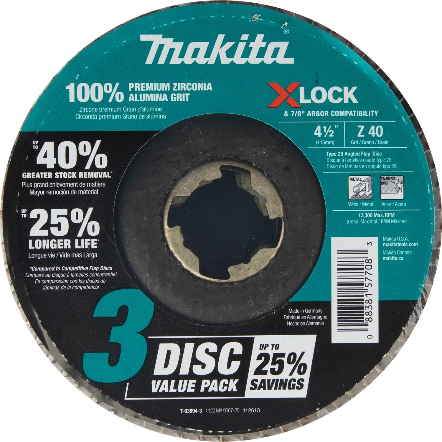 Makita X-LOCK 4‑1/2" 40 Grit Type 29 Angled Grinding and Polishing Flap Disc for X-LOCK and All 7/8" Arbor Grinders, 3/pk - Image 4