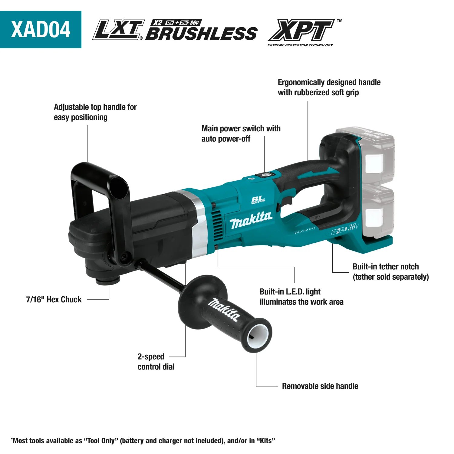 Makita XAD04Z 36V (18V X2) LXT Brushless Cordless 7/16" Hex Right Angle Drill (Tool Only) - Image 2