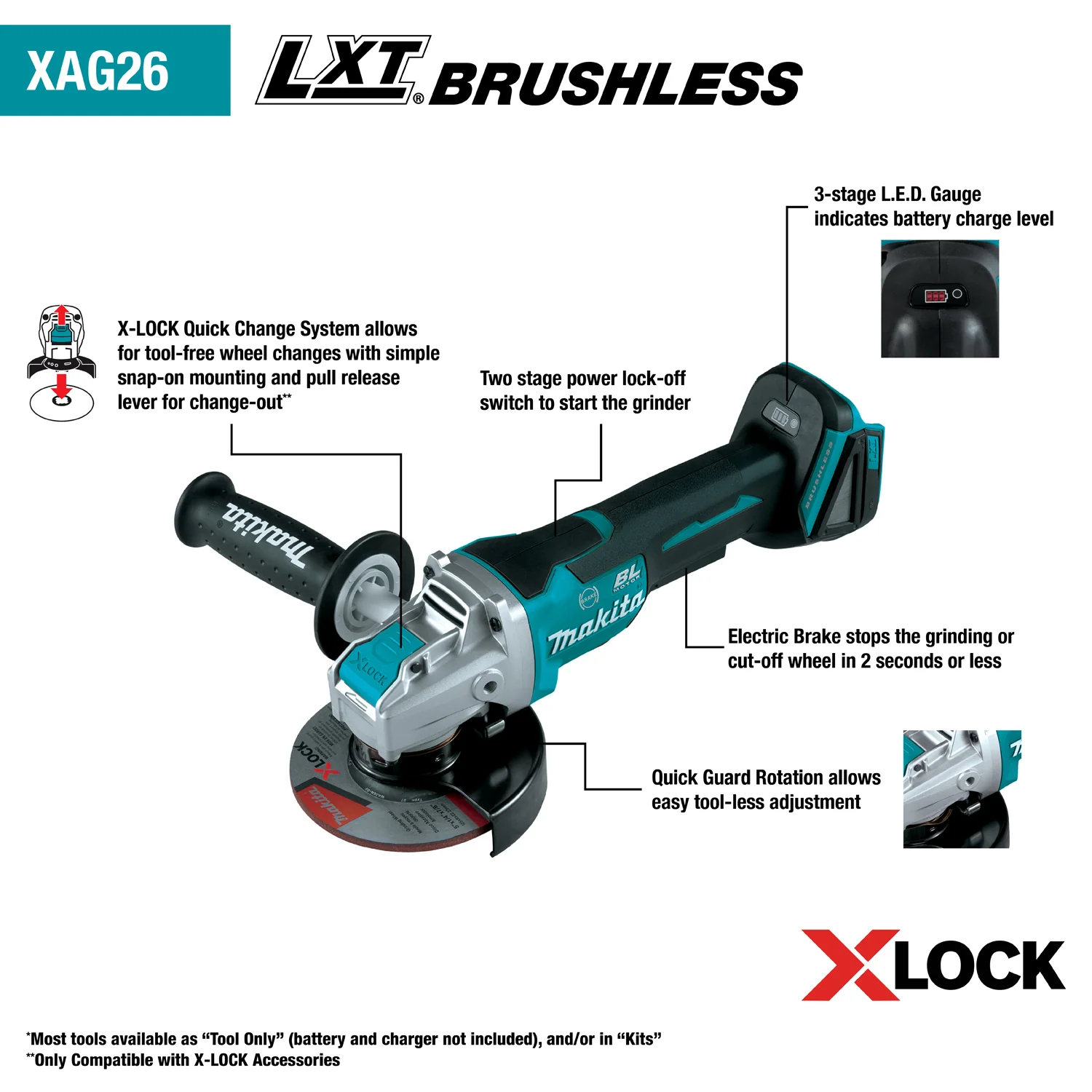 Makita XAG26Z 18V LXT Lithium-Ion Brushless Cordless 4-1/2 In. / 5 In. Paddle Switch X-LOCK Angle Grinder (Bare Tool) - Image 2