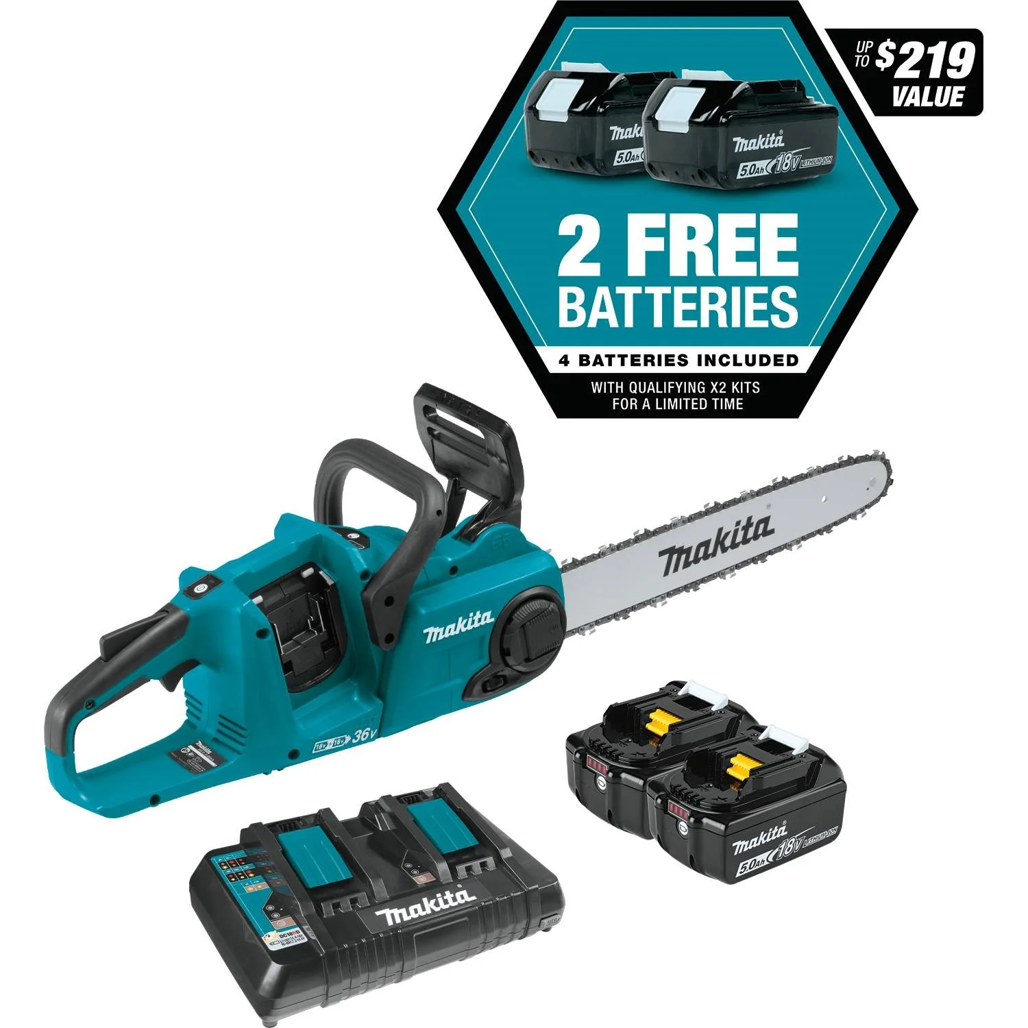 Makita 18V LXT Brushless 16" Chain Saw Kit, 4 ea. BL1850B battery, dual port charger (5.0Ah) - Image 3