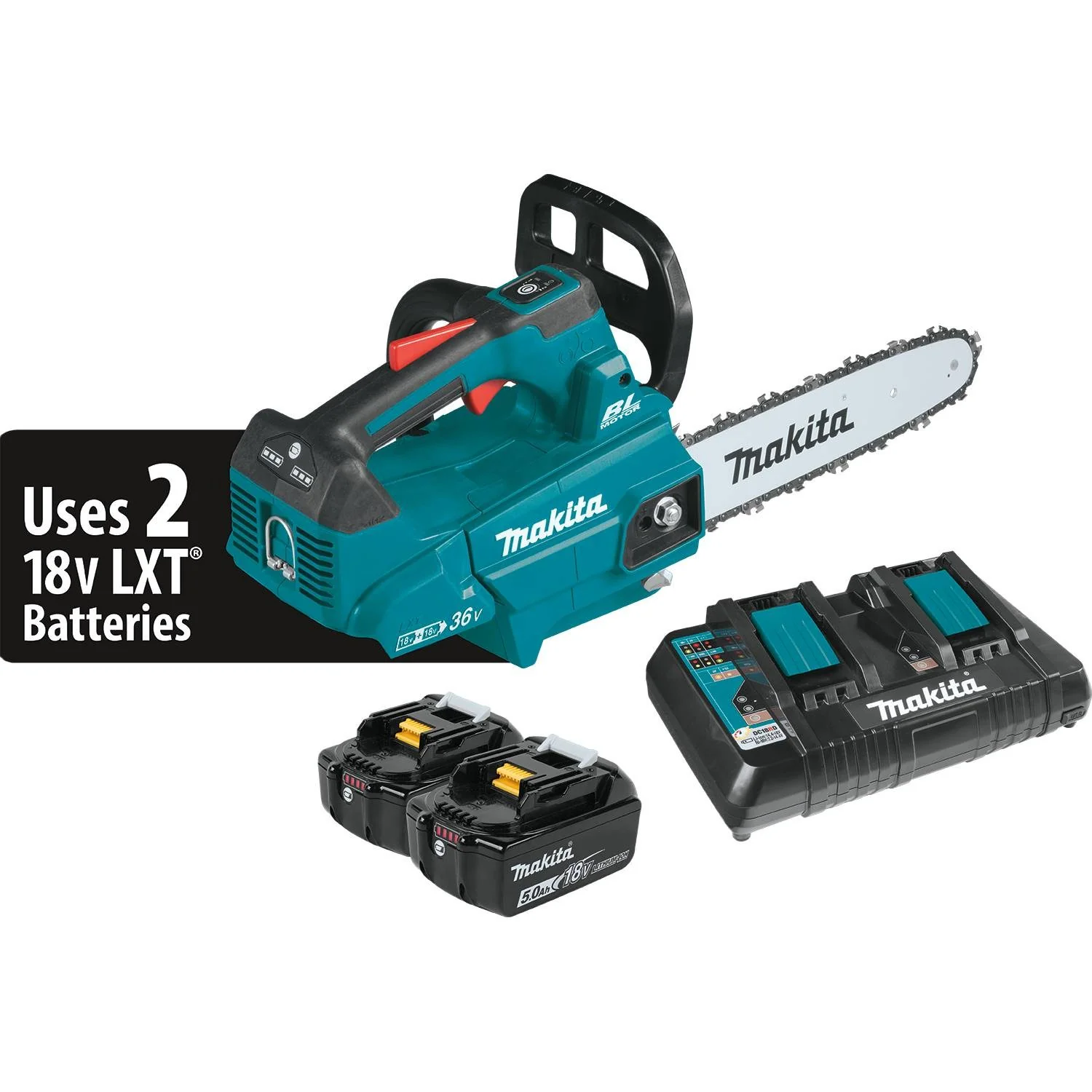 Makita 18V LXT Brushless 14" Top Handle Chain Saw Kit, dual port charger (5.0Ah)