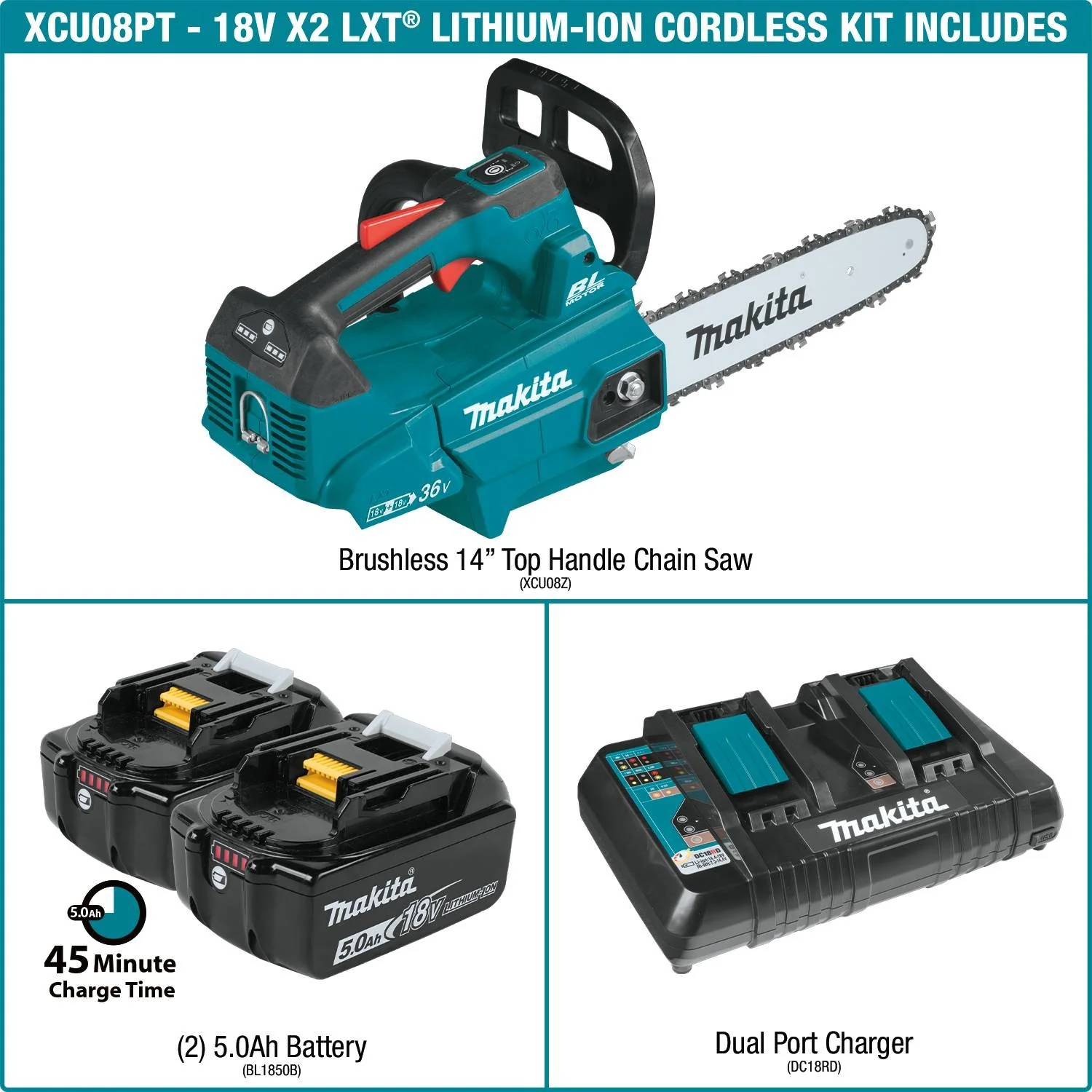 Makita 18V LXT Brushless 14" Top Handle Chain Saw Kit, dual port charger (5.0Ah) - Image 3