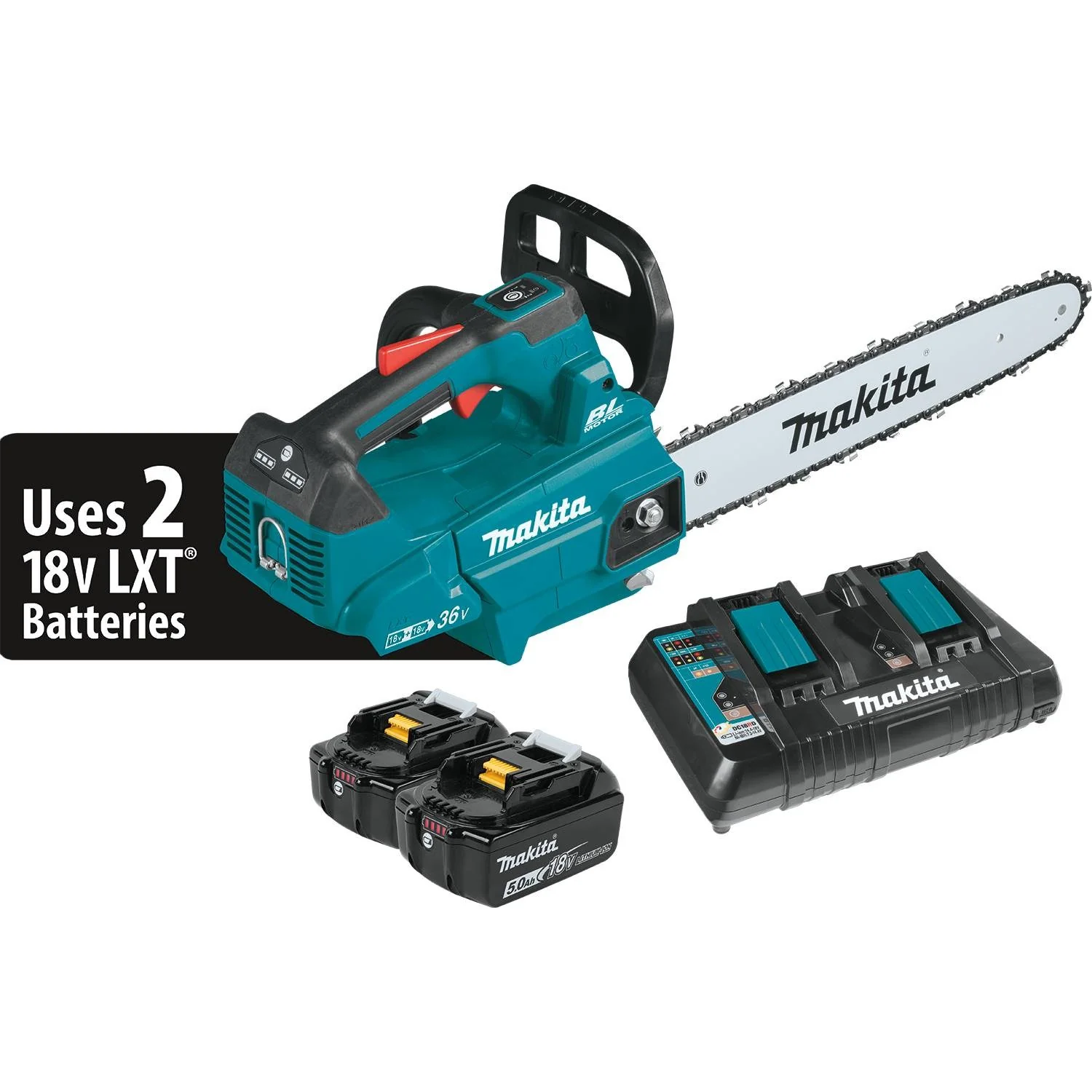 Makita (XCU09PT) 18V LXT Brushless 16" Top Handle Chain Saw Kit, dual port charger (5.0Ah)
