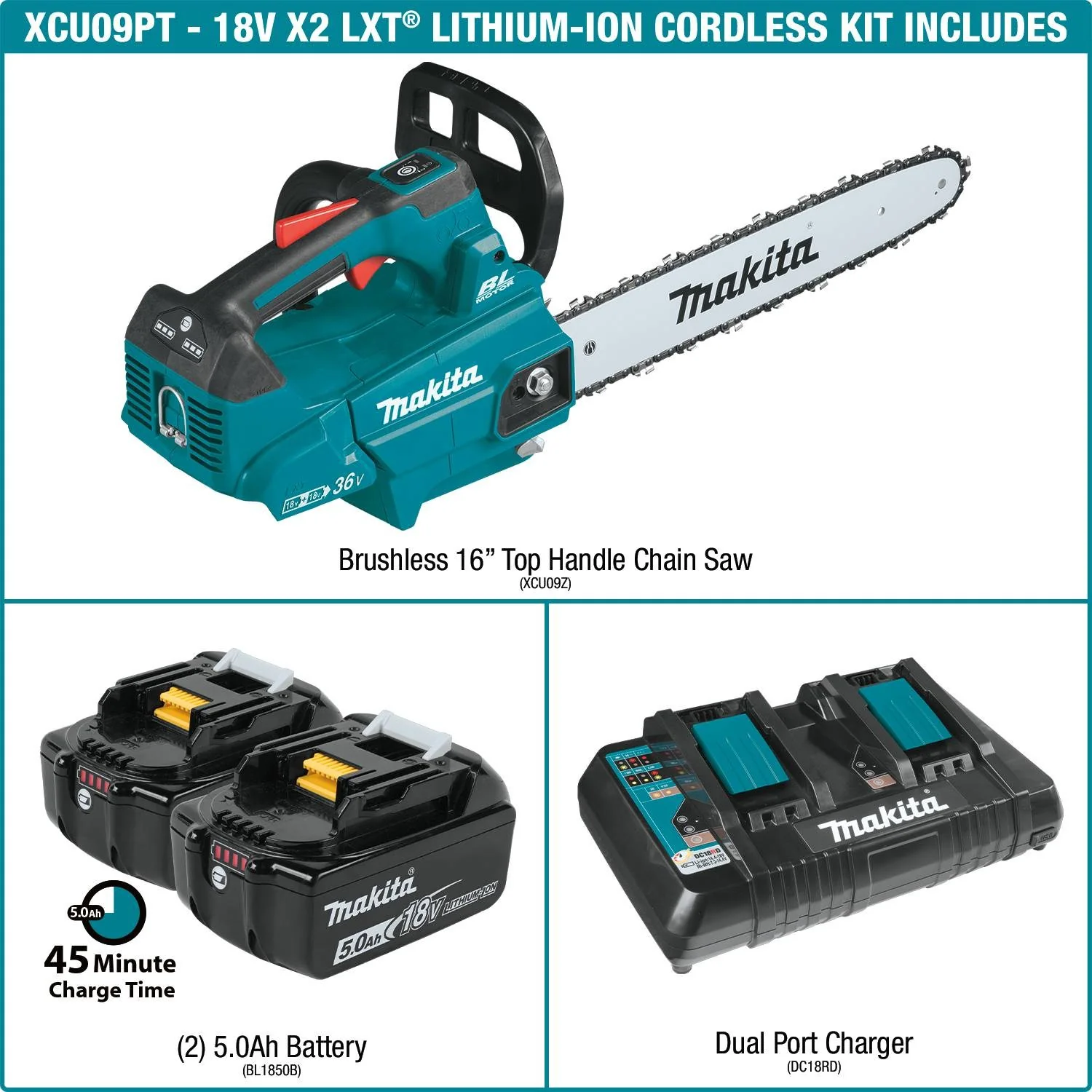 Makita (XCU09PT) 18V LXT Brushless 16" Top Handle Chain Saw Kit, dual port charger (5.0Ah) - Image 3