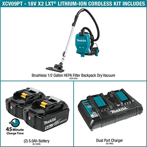 Makita XCV09PT 18V X2 LXT Lithium-Ion (36V) Brushless Cordless 1/2 Gallon HEPA Filter Backpack Dry Vacuum Kit (5.0Ah) - Image 3
