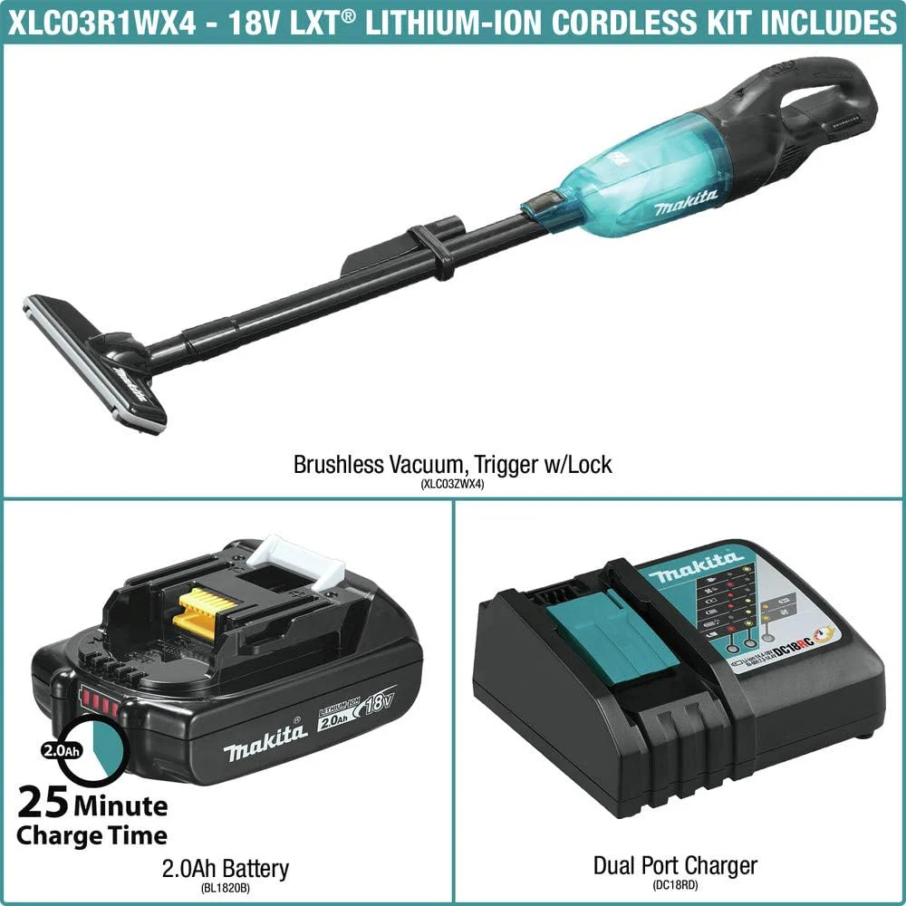Makita XLC03R1WX4 18V LXT Lithium-Ion Compact Brushless Cordless Vacuum Kit, Trigger W/Lock (2.0Ah), White - Image 4