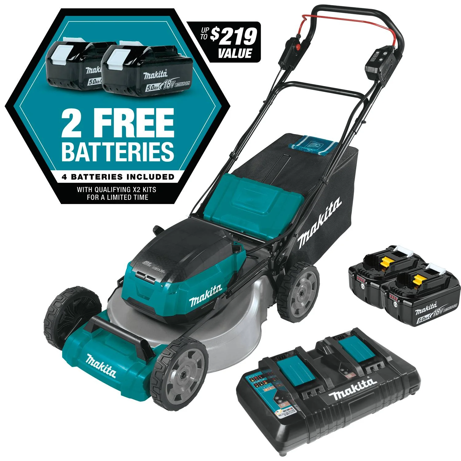 Makita (XML07PT1) 18V LXT Brushless 21" Commercial Lawn Mower Kit, 4 battery, dual port charger (5.0Ah) - Image 4