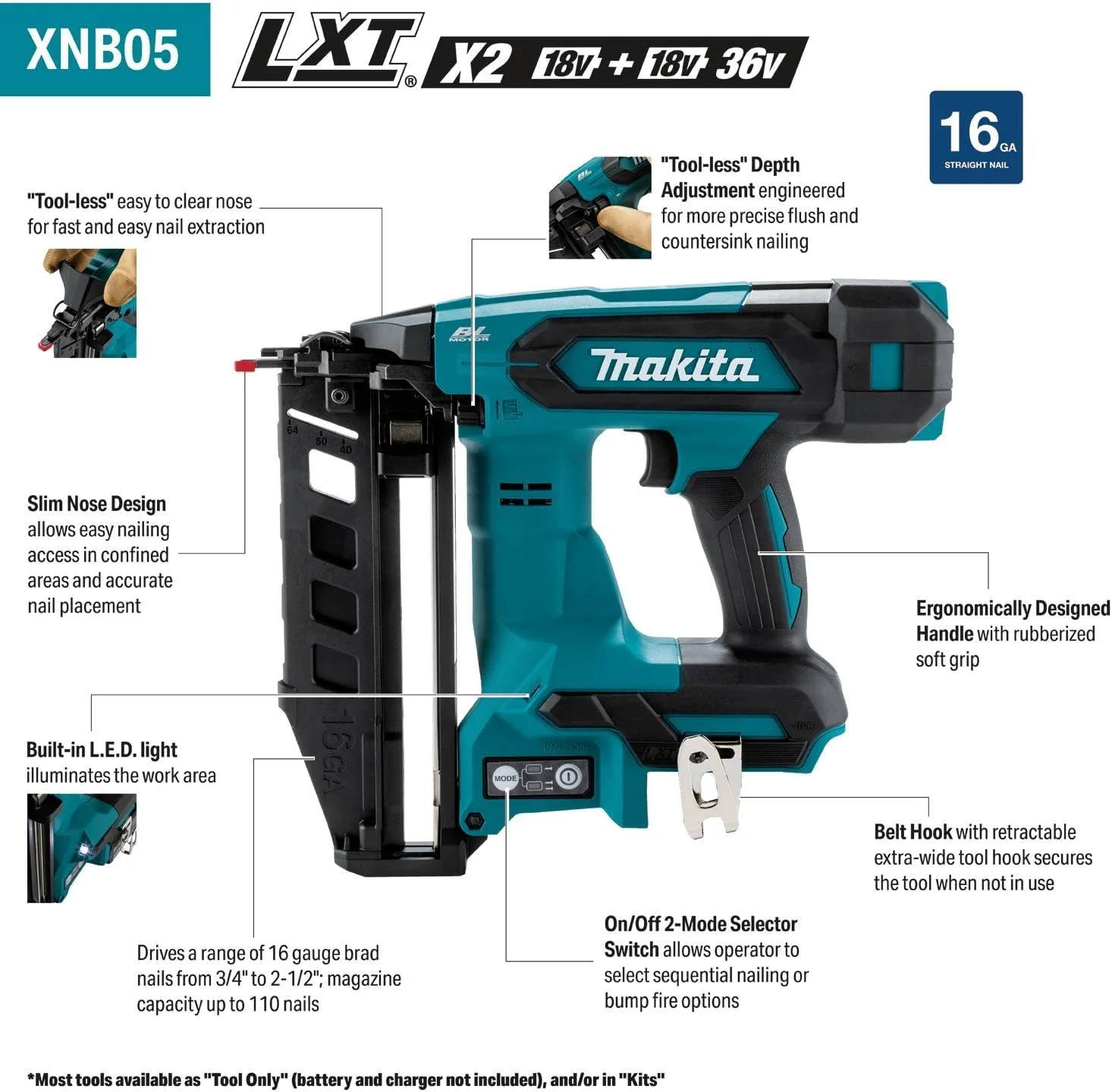 Makita XNB05Z 18V LXT Lithium-Ion Brushless Cordless 2-1/2" Straight Finish Nailer, 16 Ga. (Tool Only) - Image 2