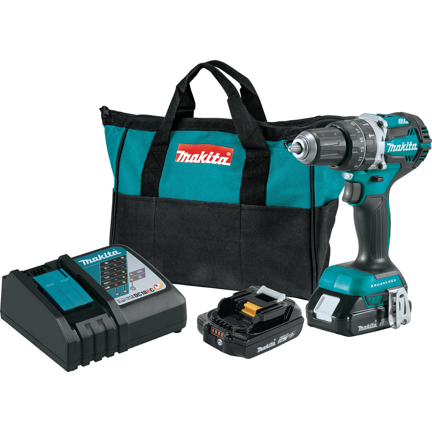 Makita XPH12R - 18V LXT Lithium-Ion Compact Brushless Cordless 1/2" Hammer Driver-Drill Kit, 2-speed, var. spd., L.E.D. Light, bag (2.0Ah)