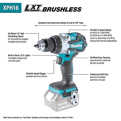 Makita XPH16T 18V LXT Lithium-Ion Compact Brushless Cordless 1/2" Hammer Driver-Drill Kit (5.0Ah) - Image 3