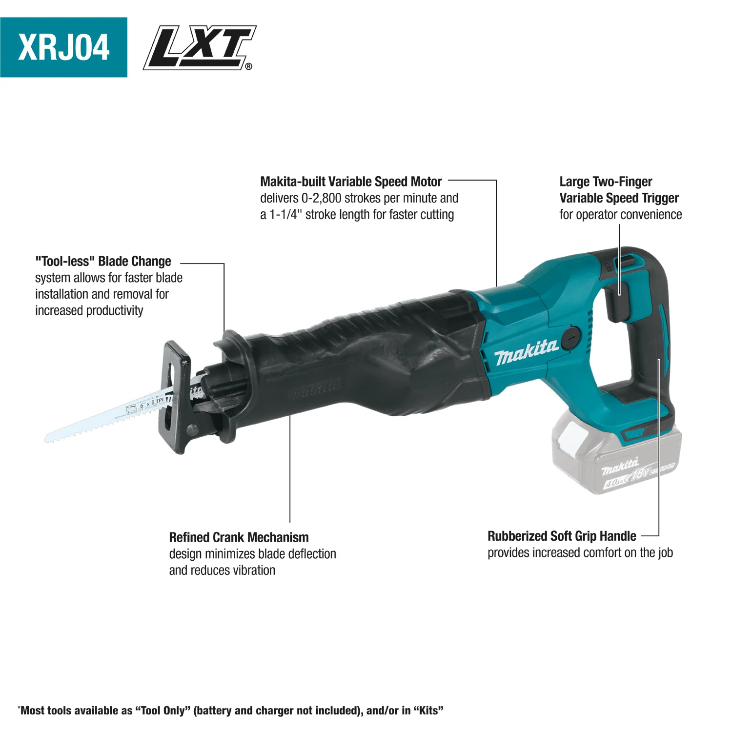 Makita 18V (XRJ04Z) LXT Lithium-Ion Cordless Recipro Saw (Bare Tool) - Image 2