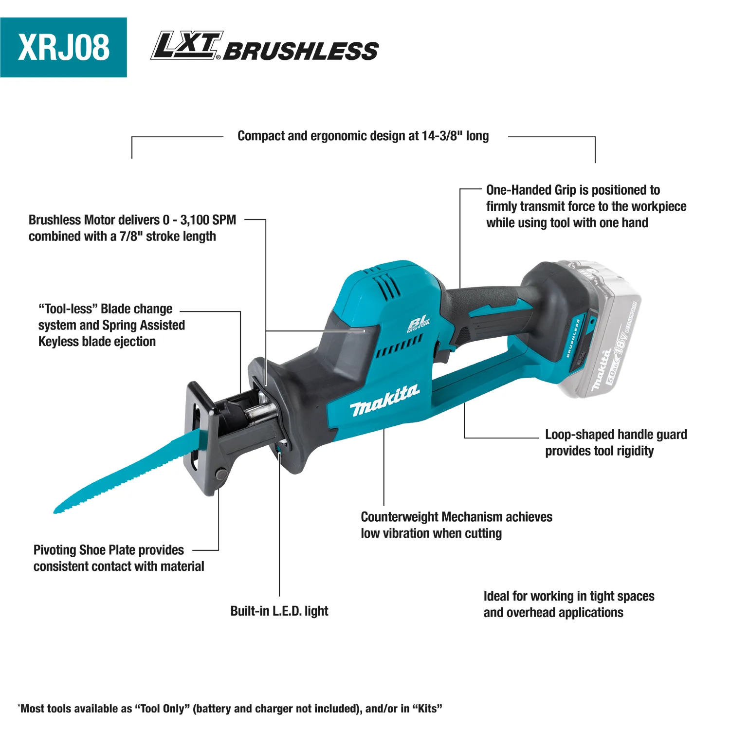 Makita XRJ08Z 18V LXT Lithium‑Ion Brushless Cordless Compact One‑Handed Reciprocating Saw (Bare Tool) - Image 2