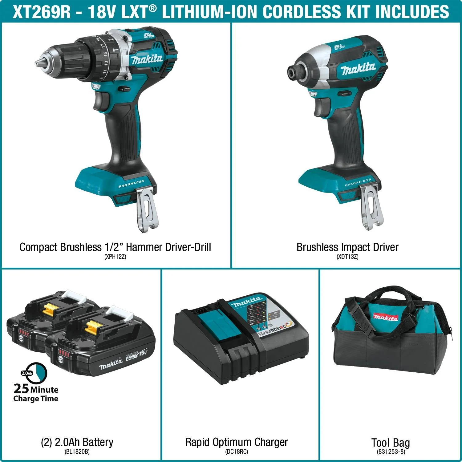 Makita 18V LXT Lithium-Ion Compact Brushless Cordless 2 Pc. Combo Kit - Image 2