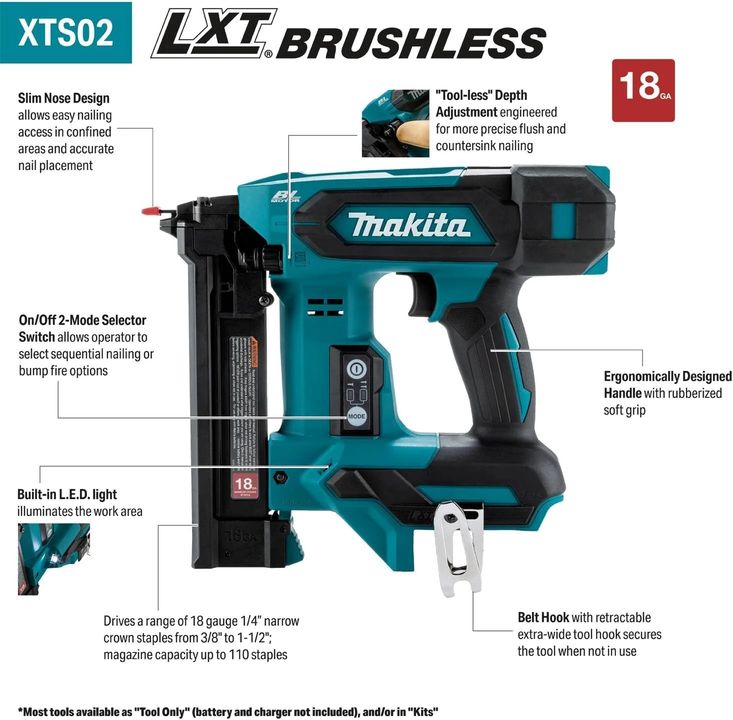 Makita XTS02Z 18V LXT Lithium-Ion Brushless Cordless 1/4" Narrow Crown Stapler, 18 Ga. (Tool Only) - Image 2