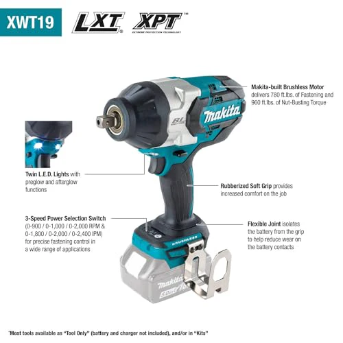 Makita XWT19Z 18V LXT Lithium-Ion Brushless Cordless 3-Speed 1/2" Sq. Drive Impact Wrench w/Detent Anvil (Bare Tool) - Image 2