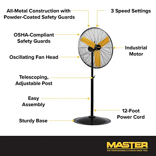 Master 30 Inch Oscillating Industrial High Velocity Free Standing Pedistal Fan for Commercial, Shop or Garage, All Steel Construction (MAC-30POSC) - Image 3