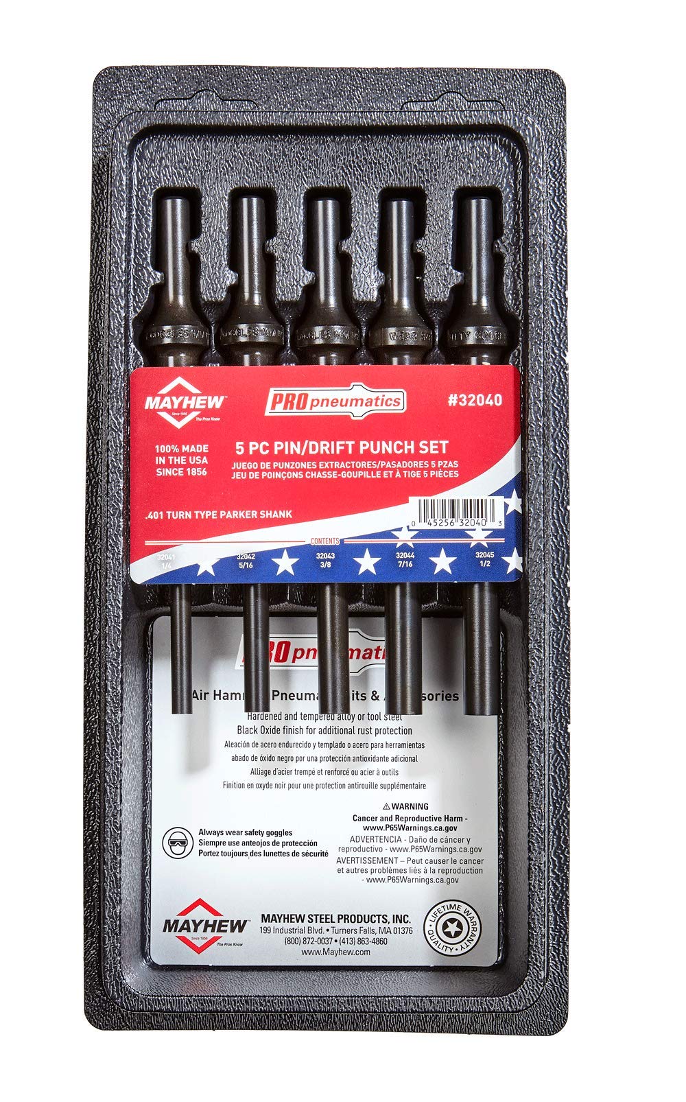 Mayhew Tools 32040 Pneumatic Pin/Drift Punch Set, 5-Piece, Black Oxide Finish