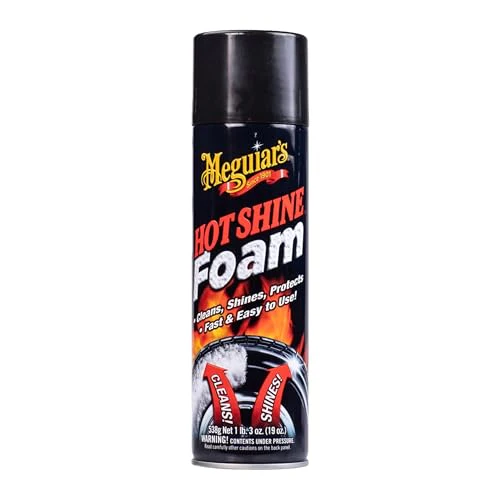 Meguiar's Hot Shine Tire Foam - High Goss Tire Shine that Cleans, Shines, and Protects in One, Deep, Black Shine with Conditioners and UV Protection to Help Keep Tires Looking Like New, 19 Oz Aerosol