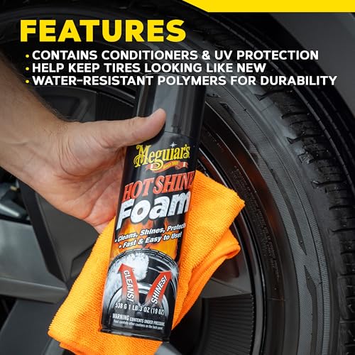 Meguiar's Hot Shine Tire Foam - High Goss Tire Shine that Cleans, Shines, and Protects in One, Deep, Black Shine with Conditioners and UV Protection to Help Keep Tires Looking Like New, 19 Oz Aerosol - Image 8