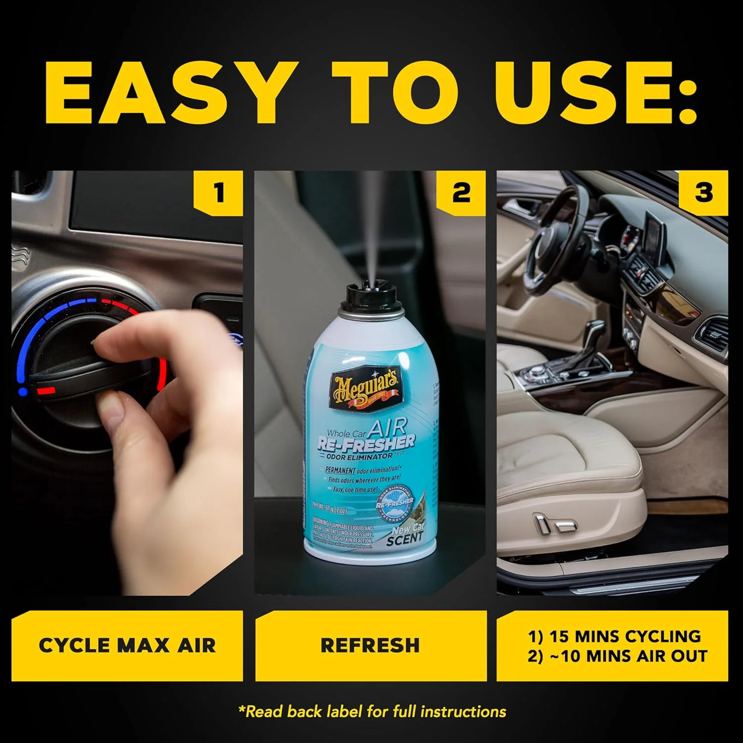 Meguiar's G16402 Whole Car Air Refresher, Odor Eliminator Spray Eliminates Strong Vehicle Odors, New Car Scent, 2 oz Spray Bottle (Pack of 3) - Image 6