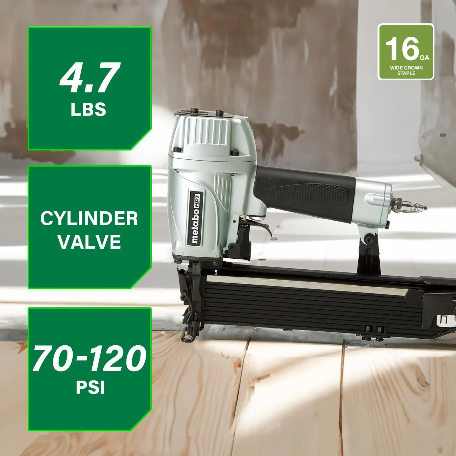 Metabo HPT 15/16-Inch Wide Crown Stapler, Pro Preferred Brand of Pneumatic Nailers, 16 Gauge, 5/8-Inch to 2-Inch Staples, Construction Stapler for Wire Lathing, Housewrap & Roofing Materials, N5021A - Image 3
