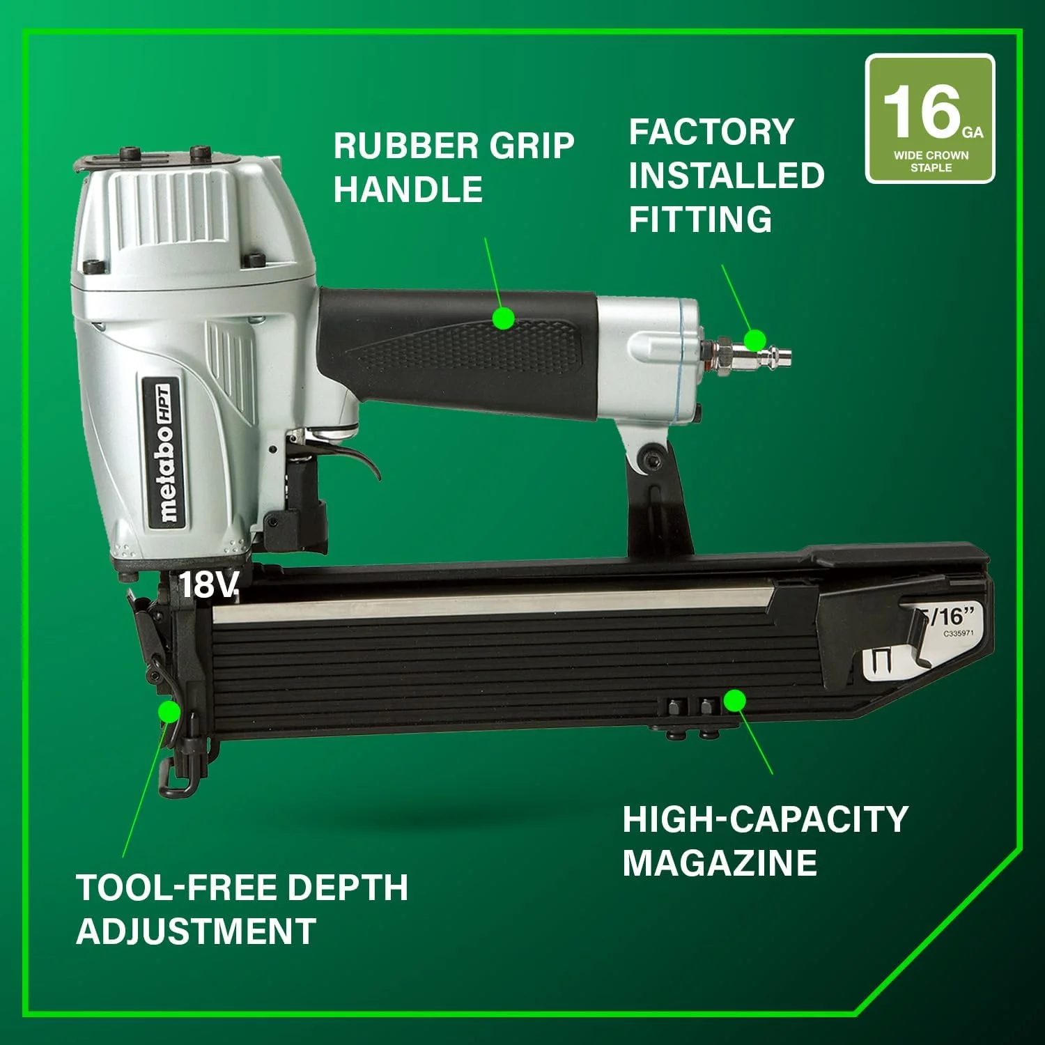 Metabo HPT 15/16-Inch Wide Crown Stapler, Pro Preferred Brand of Pneumatic Nailers, 16 Gauge, 5/8-Inch to 2-Inch Staples, Construction Stapler for Wire Lathing, Housewrap & Roofing Materials, N5021A - Image 5
