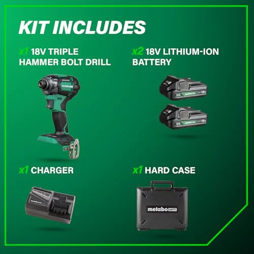 Metabo HPT 18V MultiVolt Cordless Triple Hammer BOLT Impact Driver Set, Power Impact Driver Kit with Case, 2 Lithium-Ion Batteries and Charger, 1/4-Inch Chuck, Compact LightWeight Power Tool, WH18DC - Image 5