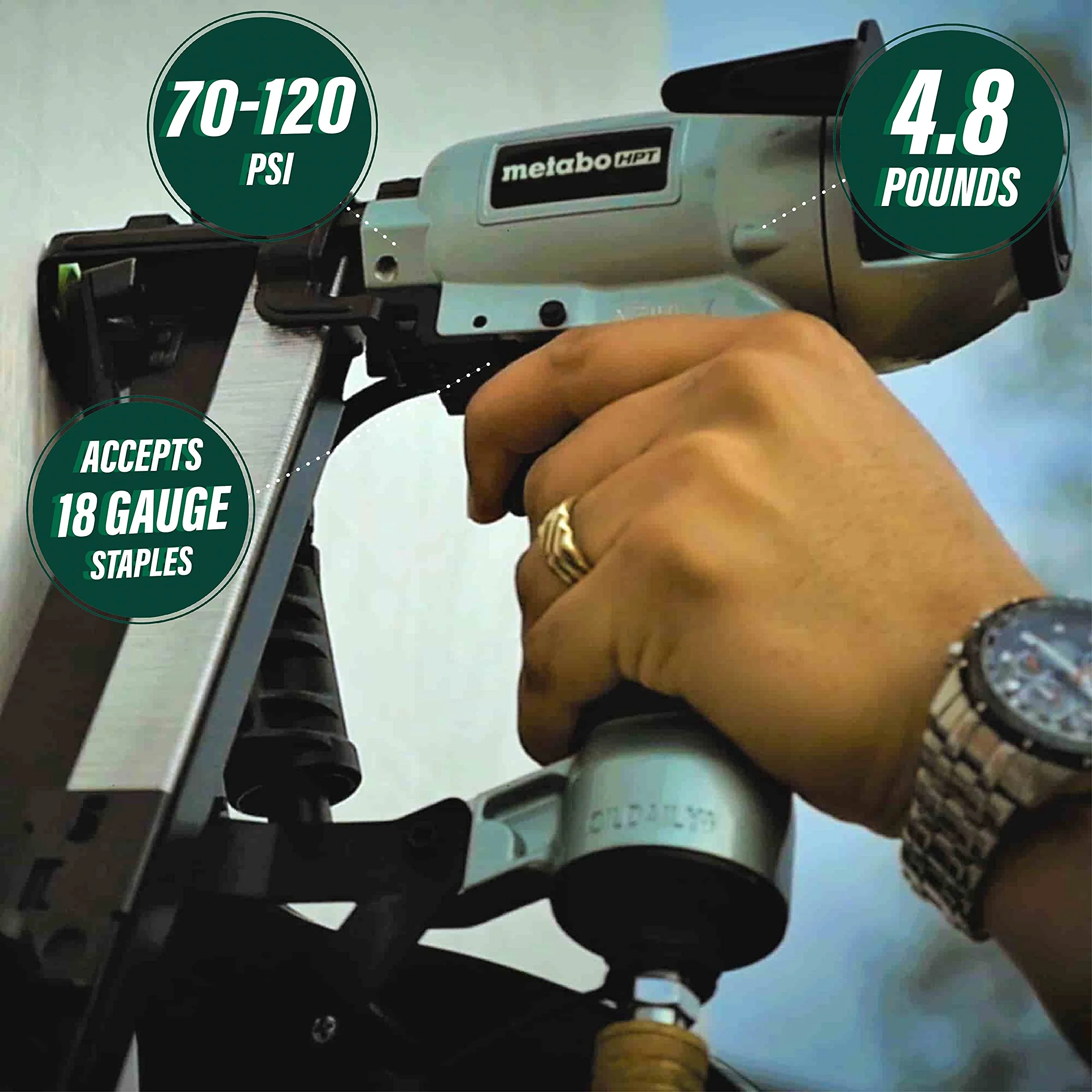 Metabo HPT Cap Stapler, Pneumatic, 18 Gauge, 1" Cap Diameter, 7/8" to 1-1/2" Staple Length, 5-Year Warranty - Image 2