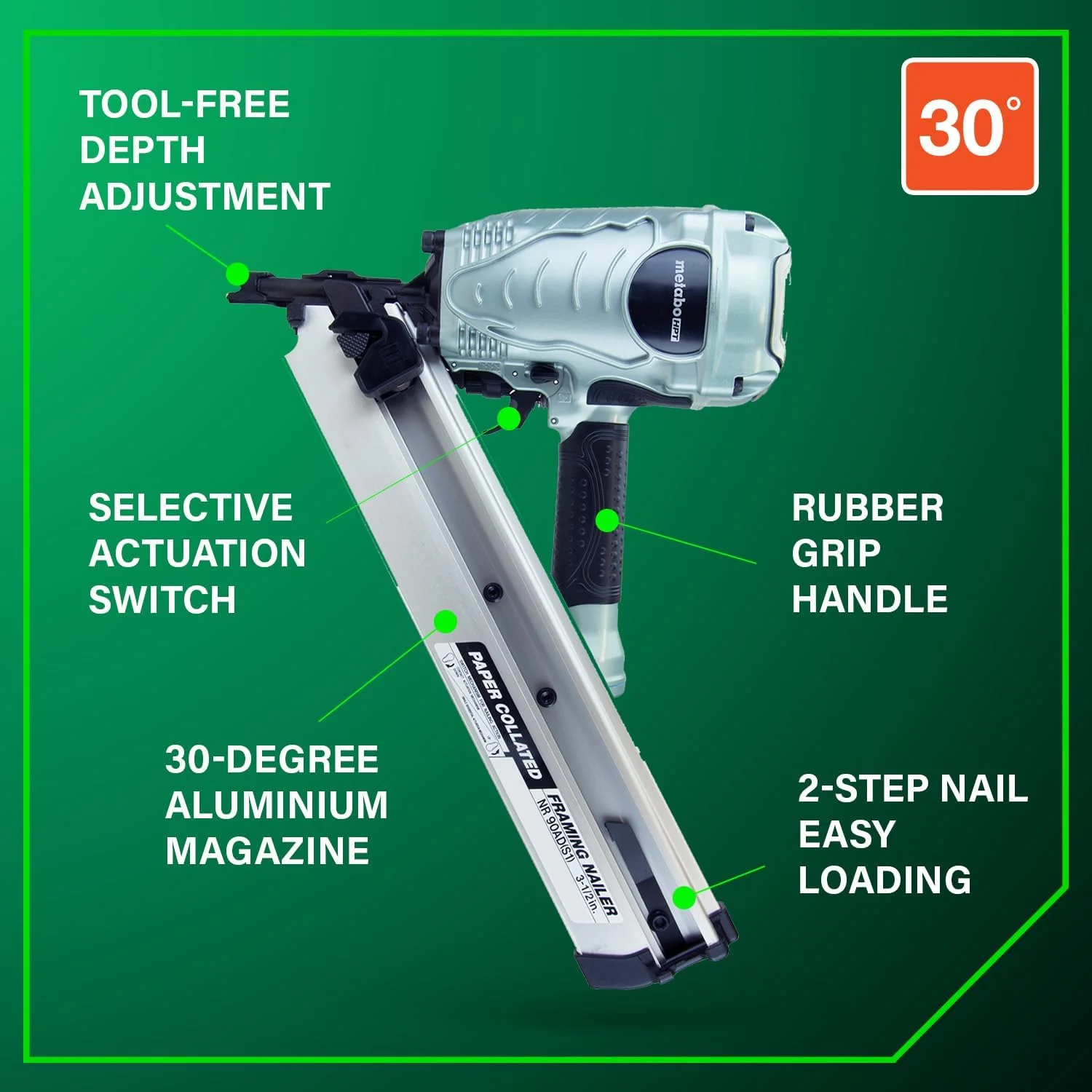 Metabo HPT (NR90ADS1M) Framing Nailer, Pro-Preferred Framing Tool For Flooring, Truss Build-Up, Roof Decking, and Housing Construction, Quick Switch Nailing, 3-1/2" 30° Paper Collated Nails - Image 4