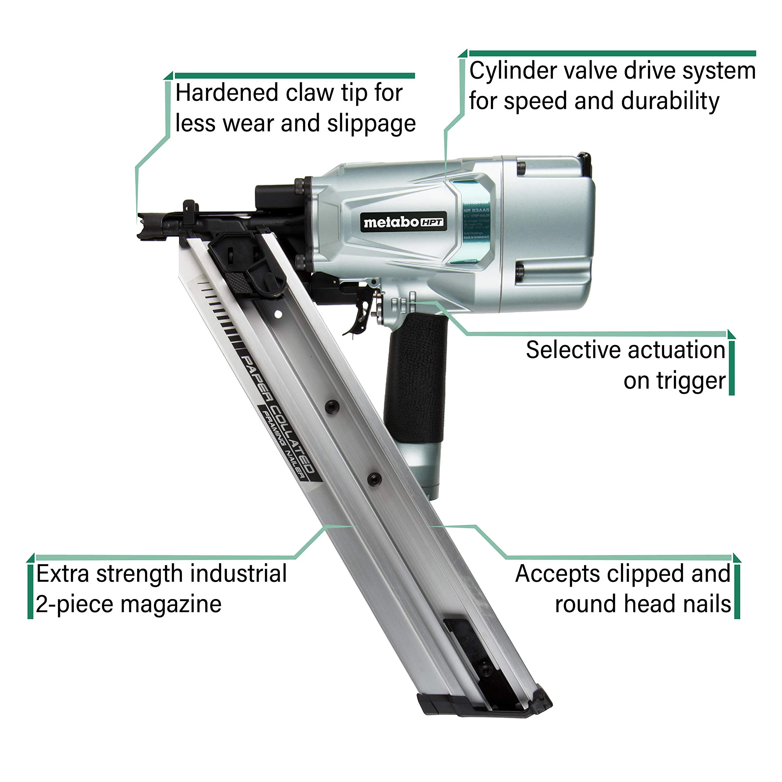 Metabo HPT Framing Nailer, Pneumatic, Accepts 30 Degree Paper Strip Collated Clipped Head Nails and 30 Degree Paper Strip Collated Offset Round Head Nails, 2-Inch to 3-1/4-Inch (NR83AA5) - Image 3