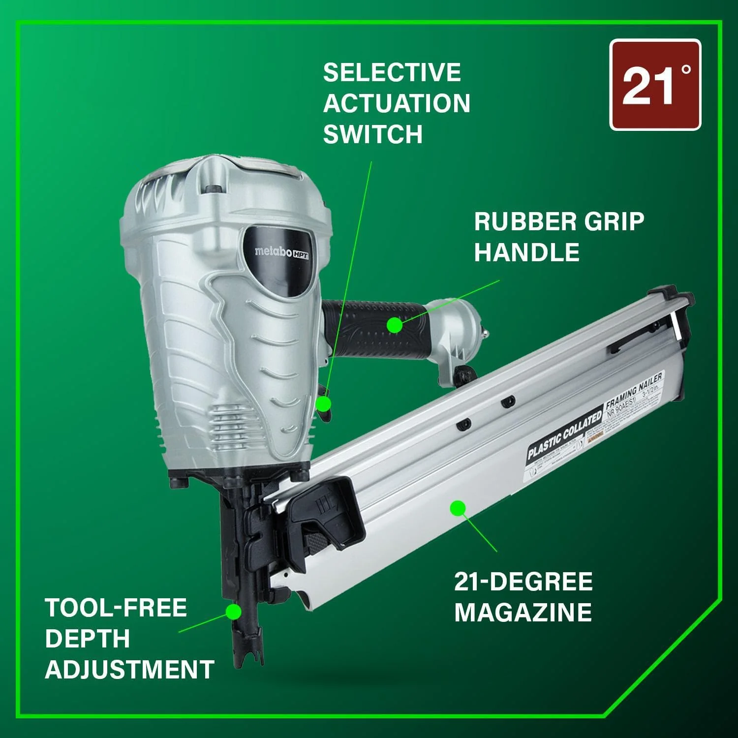 Metabo HPT Framing Nailer, Pro-Preferred Power Nailer for Flooring, Roof Decking, and More, Lightweight 7.5 lbs Framing Tool for 21° 2" to 3-1/2" Plastic Collated Nails, NR90AES1 NR90AES1 Only - Image 4