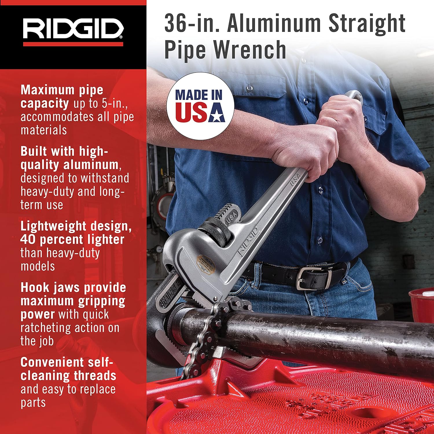RIDGID (31110) Model 836 Aluminum Straight 36" Plumbing Pipe Wrench, Silver, Made In The USA - Image 2